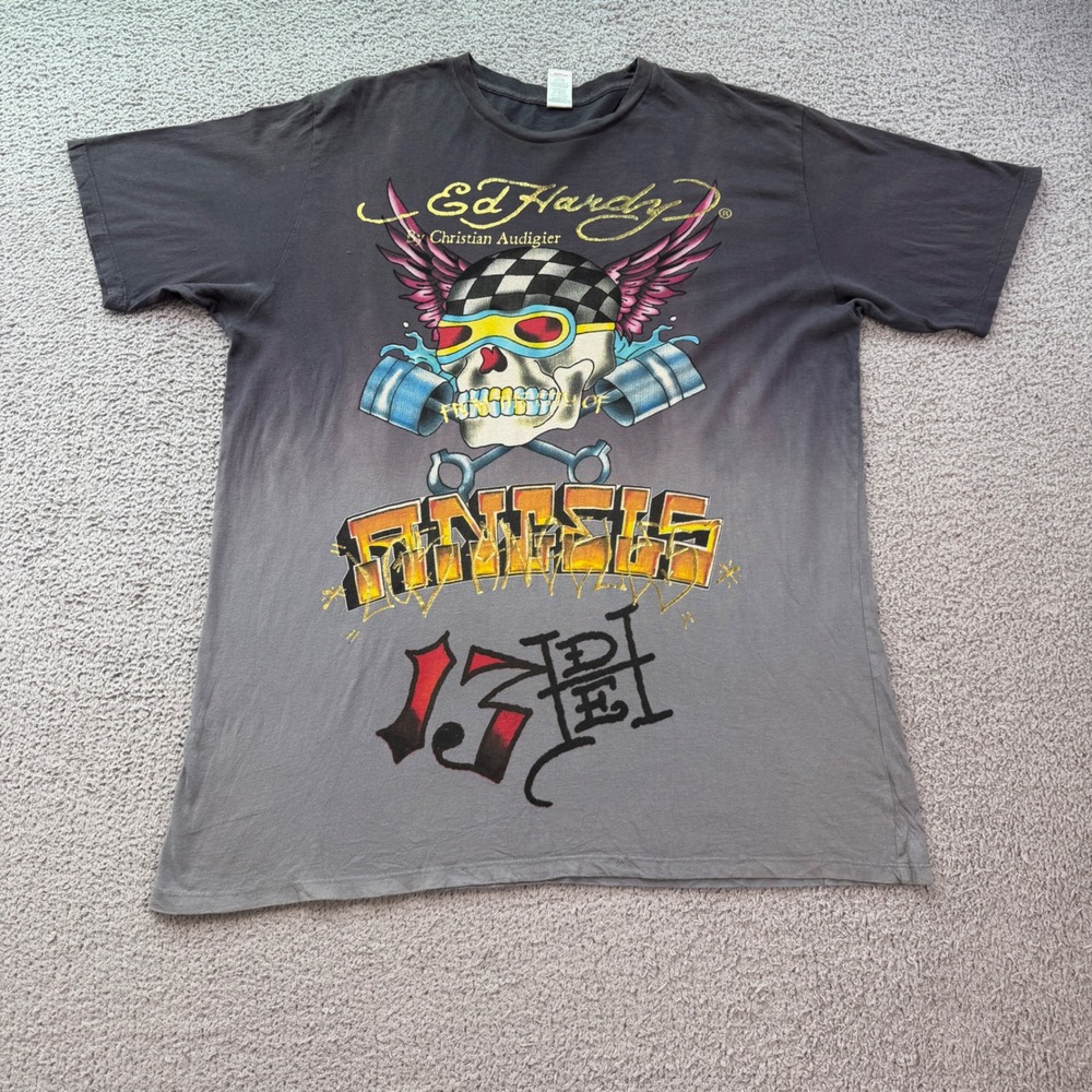 Vintage Ed Hardy Christian Audigier Ombre Skull Geisha T-Shirt XXL Made in USA